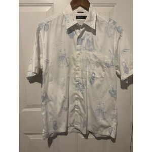 Nautica Shirt Hawaiian Men's‎ Medium White Sailing Print Short Sleeve Beach